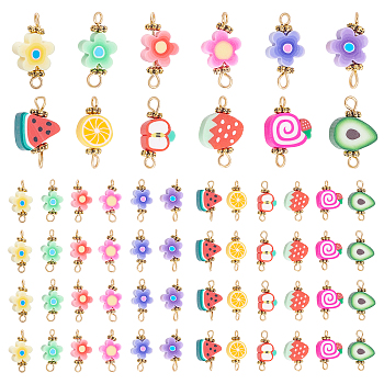 Elite 72Pcs 12 Style Handmade Polymer Clay Links Connectors, with Golden Brass Findings, with 304 Stainless Steel Eye Pins, Flower & Watermelon & Strawberry & Orange & Cake & Avocado & Apple, Mixed Color, 6pcs/style
