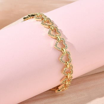 Clear Cubic Zirconia Heart Link Chains Bracelet, Brass Jewelry for Women, Cadmium Free & Lead Free, Long-Lasting Plated, Rack Plating, Real 18K Gold Plated, 7.95 inch(20.2cm)