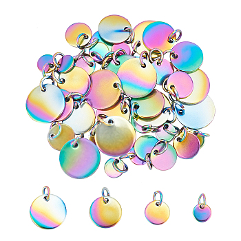 Unicraftale 40Pcs 4 Size Vacuum Plating 304 Stainless Steel Charms, with Jump Rings, Blank Stamping Tag, Flat Round, Rainbow Color, 10pcs/size