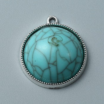 Opaque Resin Pendants, Imitation Gemstone Charms, with Antique Silver Tone Alloy Findings, Half Round, 28x25x9mm, Hole: 1.6mm