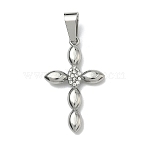 304 Stainless Steel Pendants, with Rhinestone, with Snap On Bails, Cross Charms, Stainless Steel Color, 27.5x16.5x3mm, Hole: 5x3mm(STAS-F336-14P)