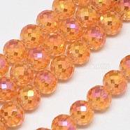 Electroplate Glass Beads Strands, Rainbow Plated, Frosted, Faceted, Round, Dark Orange, 12mm, Hole: 1.5mm, about 50pcs/strand, 22.05 inch(EGLA-Q086-12mm-04)