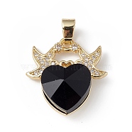 Real 18K Gold Plated Rack Plating Brass Micro Pave Cubic Zirconia Pendants, with Glass, Long-Lasting Plated, Cadmium Free & Lead Free, Two Birds with Heart, Black, 21x20x8mm, Hole: 5x3mm(KK-C015-03G-05)