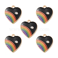Alloy Enamel Pendant, with Rhinestone, Heart with Rainbow Charm, Black, 20x18x3.5mm, Hole: 2mm(ENAM-YW0002-36C)