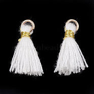 Polycotton(Polyester Cotton) Tassel Pendant Decorations, Mini Tassel, with Iron Findings and Metallic Cord, Light Gold, White, 10~15x2~3mm, Hole: 1.5mm(FIND-S281-39)