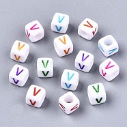 Acrylic Beads, Horizontal Hole, Cube with Mixed Color Letter, Letter.V, 6x6x6mm, Hole: 3mm, about 2600pcs/500g(MACR-T009-12V)