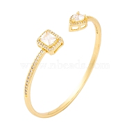 Rectangle & Teardrop Brass Pave Clear Cubic Zirconia Open Cuff Bangles with Glass for Women, Golden, Inner Diameter: 2-3/8 inch(5.9cm)(BJEW-S147-28B-G)