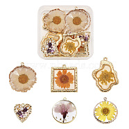12Pcs 6 Style Epoxy Resin Pendants, with Dried Flower Inside and Light Gold Plated Alloy Open Back Bezel, Nuggets & Square & Rhomnbus & Heart & Flat Rround, Mixed Color, 2pcs/style(RESI-CD0001-04)