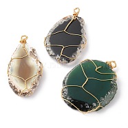 Natural & Synthetic Agate Pendants, with Golden Copper Wire, Teardrop & Flat Round & Oval, 55~56x30~44x7~9mm, Hole: 3~4.5x4~5mm(PALLOY-JF00585)