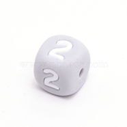 Silicone Beads, for Bracelet or Necklace Making, Arabic Numerals Style, Gray Cube, Num.2, 10x10x10mm, Hole: 2mm(SIL-TAC001-02D-2)