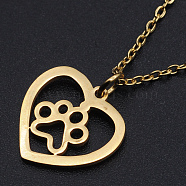 201 Stainless Steel Pendant Necklaces, with Cable Chains and Lobster Claw Clasps, Heart with Dog Paw Prints, Golden, 15.74 inch(40cm), 1.5mm(NJEW-S105-JN581-40-2)
