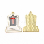 Halloween Theme Rack Plating Spray Painted Alloy Enamel Pendants, Tomb with Cross Charms, Cadmium Free & Nickel Free & Lead Free, Light Gold, Dark Gray, 25x19x3mm, Hole: 1.6mm(FIND-G054-13LG-02)