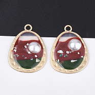 Epoxy Resin Pendants, with ABS Plastic Imitation Pearl and Shell, Alloy Findings and Enamel, teardrop, Matte Gold Color, Red, 39.5x28.5x5.5mm, Hole: 3mm(RESI-S365-60B)