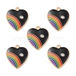 Alloy Enamel Pendant, with Rhinestone, Heart with Rainbow Charm, Black, 20x18x3.5mm, Hole: 2mm(ENAM-YW0002-36C)