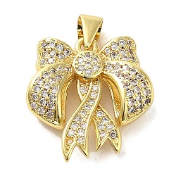 Brass Micro Pave Clear Cubic Zirconia Pendants, Bowknot, Real 16K Gold Plated, 20x19x6mm, Hole: 4x3.5mm(FIND-Z041-10G)