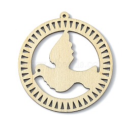 Maple Wood Pendants, Hollow, Flat Round with Pigeon, BurlyWood, 65x60mm, Hole: 1.6mm(WOOD-TAC0007-36)