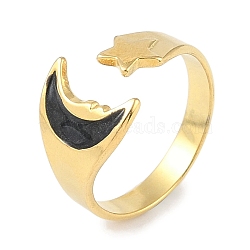 Ion Plating(IP) 304 Stainless Steel Enamel Cuff Finger Rings, Moon & Star Open Rings for Women, Real 18K Gold Plated, US Size 7 1/4(17.5mm)(RJEW-L107-082G-02)