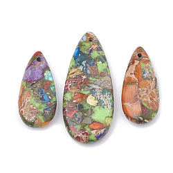 Natural Regalite/Imperial Jasper/Sea Sediment Jasper Pendants, with Iron, teardrop, Colorful, 36~50x15~21x6~7mm, Hole: 1mm, 3pcs/set(G-S328-003P)