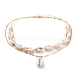 2 Layered Necklaces, with Cowrie Shell Beads, Waxed Polyester Cord, Golden Plated Brass Cable Chains and 304 Stainless Steel Lobster Claw Clasps, Golden, 18.3 inch(46.5cm)(NJEW-JN02653-02)