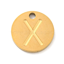 Ion Plating(IP) 304 Stainless Steel Pendants, Laser Cut, Flat Round with Letter Charm, Golden, Letter X, 10x1mm, Hole: 1.4mm(FIND-M017-02G-X)