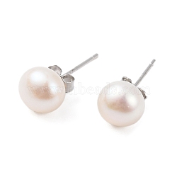 Natural Pearl Round Bead Stud Earrings, with Real Platinum Plated 925 Sterling Silver Findings, White, 16.5x7~8mm(EJEW-E298-01D-01P)