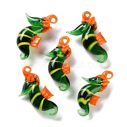 Handmade Lampwork Pendants, Sea Horse Charms, Dark Green, 45~49x24~30x11~16mm, Hole: 2.5mm(LAMP-S068-08A)