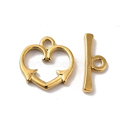 Ion Plating(IP) 304 Stainless Steel Toggle Clasps, Heart, Real 18K Gold Plated, Heart: 14x14x2mm, Hole: 1.8mm, Bar: 15.5x6x2mm, Hole: 2mm(STAS-H212-26G)