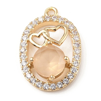 Brass with K9 Glass & Rhinestone Pendants, Light Gold, Oval with Heart Charms, Crystal Honey, 23x15x5.5mm, Hole: 1.5mm