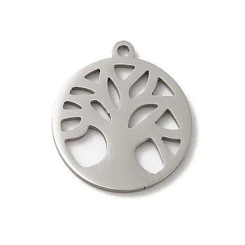 201 Stainless Steel Pendants, Stainless Steel Color, Laser Cut, Flat Round Charm, Tree of Life, 15.5x13x1mm, Hole: 1mm
