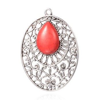 Synthetic Turquoise Big Pendants, with Tibetan Style Alloy Findings, Oval, Antique Silver, 64x46x8mm, Hole: 3mm