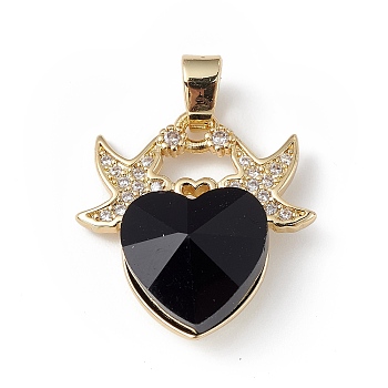 Real 18K Gold Plated Rack Plating Brass Micro Pave Cubic Zirconia Pendants, with Glass, Long-Lasting Plated, Cadmium Free & Lead Free, Two Birds with Heart, Black, 21x20x8mm, Hole: 5x3mm