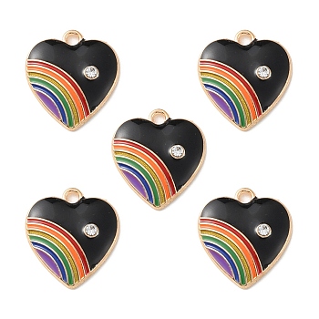 Alloy Enamel Pendant, with Rhinestone, Heart with Rainbow Charm, Black, 20x18x3.5mm, Hole: 2mm