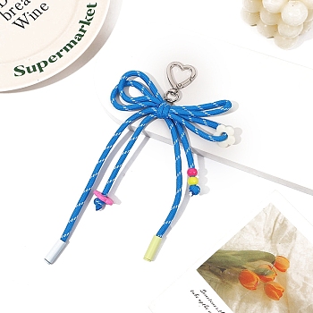 Polyester Braided Rope Bowknot Hanging Ornaments, with Heart Clasp for Keychain Bag Decoration, Deep Sky Blue