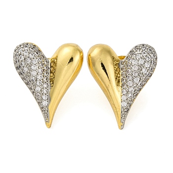 Rack Plating Heart Brass Micro Pave Clear Cubic Zirconia Stud Earrings, Long-Lasting Plated, Real 18K Gold Plated, 24x20mm