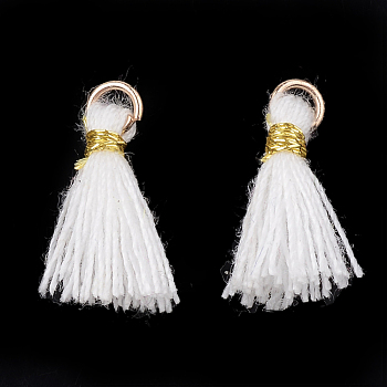 Polycotton(Polyester Cotton) Tassel Pendant Decorations, Mini Tassel, with Iron Findings and Metallic Cord, Light Gold, White, 10~15x2~3mm, Hole: 1.5mm