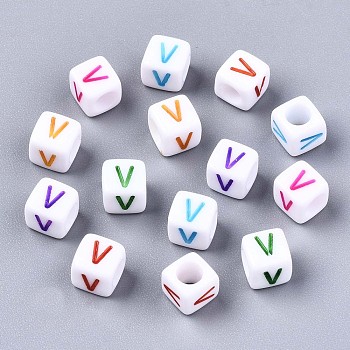 Acrylic Beads, Horizontal Hole, Cube with Mixed Color Letter, Letter.V, 6x6x6mm, Hole: 3mm, about 2600pcs/500g