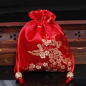 Chinese Style Flower Pattern Satin Jewelry Packing Pouches, Drawstring Gift Bags, Rectangle, Red, 14x11cm