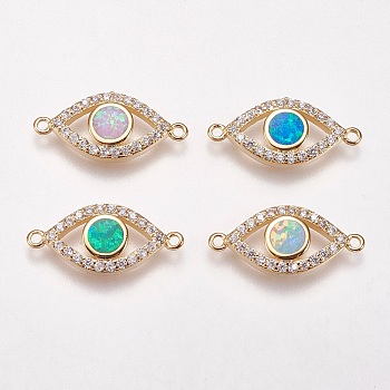 Brass Micro Pave Cubic Zirconia Links, with Synthetic Opal, Eye, Golden, Mixed Color, 9x20x3mm, Hole: 1mm