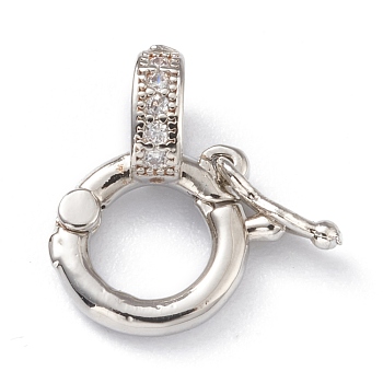 Brass Micro Pave Clear Cubic Zirconia Twister Clasps, Long-Lasting Plated, Ring, Real Platinum Plated, 14x11x2mm, Hole: 4x3mm