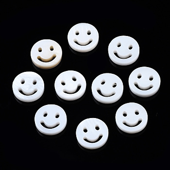 Natural Freshwater Shell Beads, Flat Round with Smiling Face, Creamy White, 10x2mm, Hole: 0.7mm