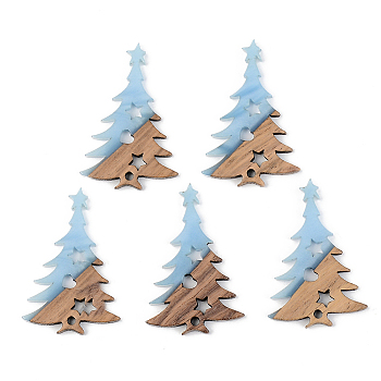 Opaque Resin & Walnut Wood Pendants, Christmas Tree, Cornflower Blue, 38x25x3mm, Hole: 2mm