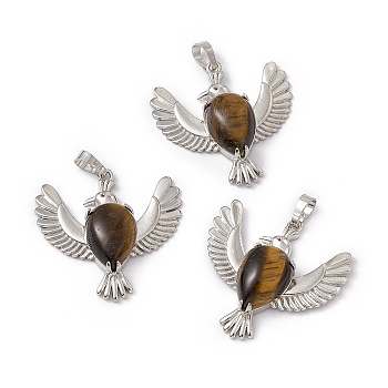 Natural Tiger Eye Pendants, Bird Charms, with Platinum Tone Brass Findings, Cadmium Free & Nickel Free & Lead Free, 36~37x37.5~38.5x9~9.5mm, Hole: 7.5x5mm