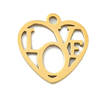 Ion Plating(IP) 201 Stainless Steel Charms, Heart with Word Love Charm, Laser Cut, Real 18K Gold Plated, 14x14x1mm, Hole: 1.5mm