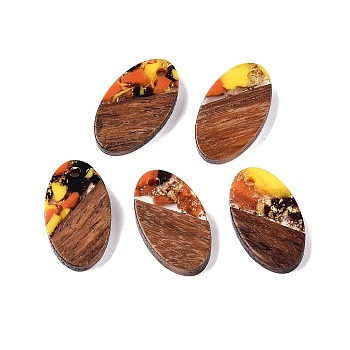 Transparent Resin and Walnut Wood Pendants, Oval Charms with Gold Foil, Gold, 22x12.5x3.5mm, Hole: 2mm