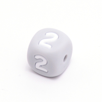 Silicone Beads, for Bracelet or Necklace Making, Arabic Numerals Style, Gray Cube, Num.2, 10x10x10mm, Hole: 2mm