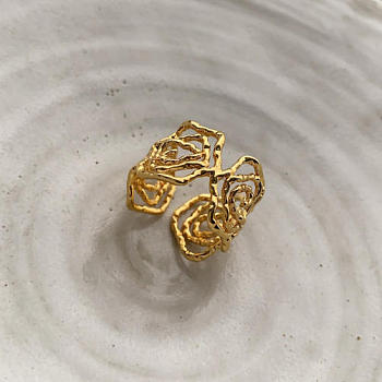 304 Stainless Steel Cuff Rings, Flower Open Ring for Womens, Ion Plating(IP), Real 18K Gold Plated, 15mm
