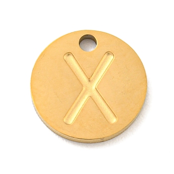 Ion Plating(IP) 304 Stainless Steel Pendants, Laser Cut, Flat Round with Letter Charm, Golden, Letter X, 10x1mm, Hole: 1.4mm