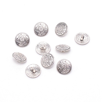 Alloy Buttons, 1-Hole, Flat Round with Flower, for Sewing Crafting, Antique Silver, 15x6.5mm, Hole: 2mm, 10pcs/bag