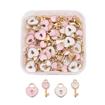 80Pcs 4 Style Alloy Enamel Charms, Heart Lock & Key, Pink and White, Light Gold, 13~16x7~11x1.5~2.5mm, Hole: 3x4mm & 1.8mm, 20pcs/Style