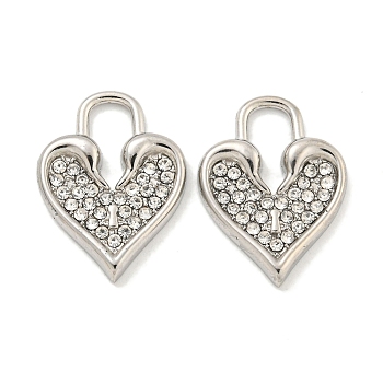 304 Stainless Steel Pendants, with Crystal Rhinestone, Heart Lock Charms, Stainless Steel Color, 18.5x14x2.4mm, Hole: 3.8x8mm